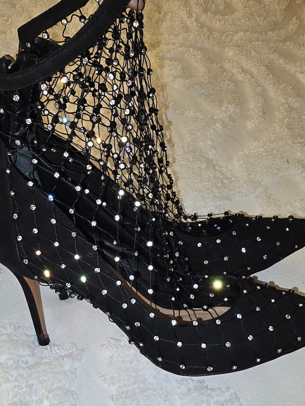SCHUTZ Black Rhinestone Net Pointed-Toe Heels - Picture 2 of 6